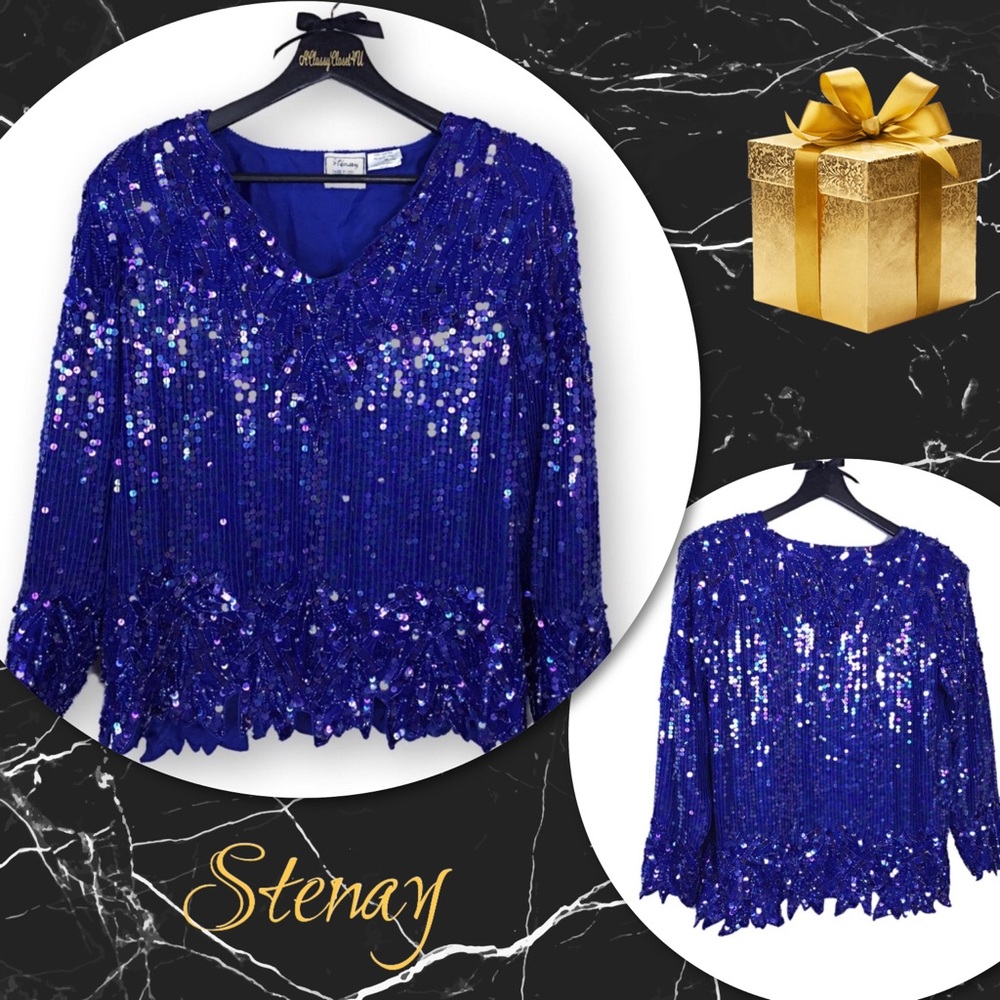 Vintage Stenay Blue Silk Sequined Top Medium